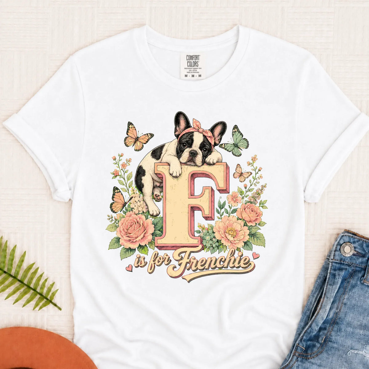 Custom Frenchie Alphabet Floral Unisex TShirt White