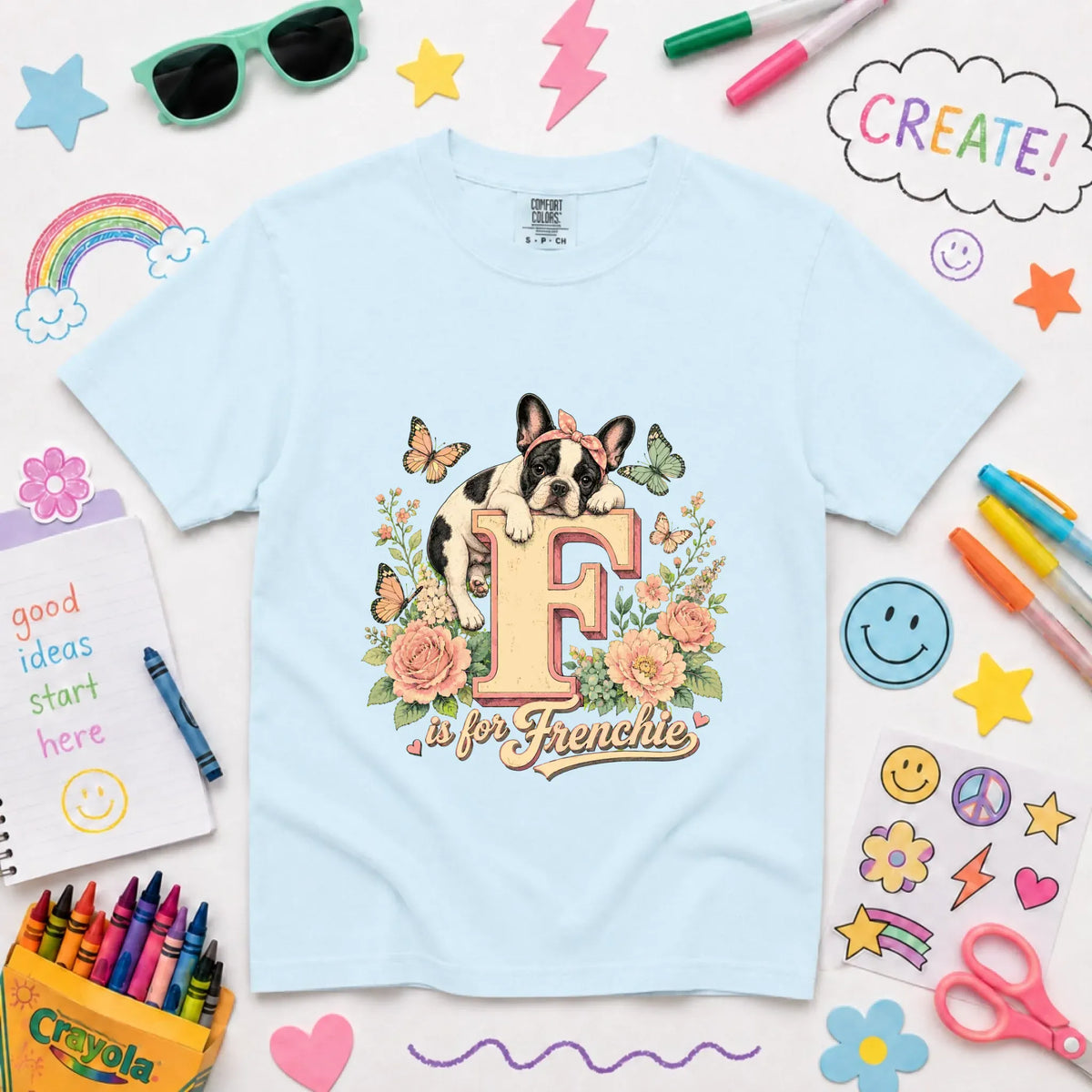 Custom Frenchie Alphabet Floral YOUTH Unisex TShirt Chambray
