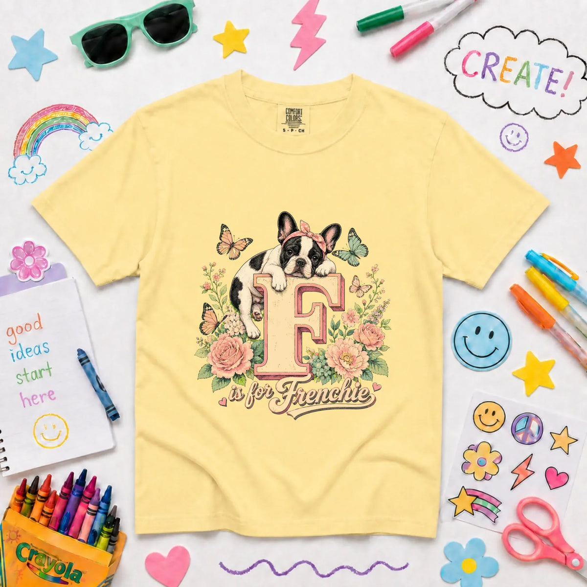 Custom Frenchie Alphabet Floral YOUTH Unisex TShirt Butter