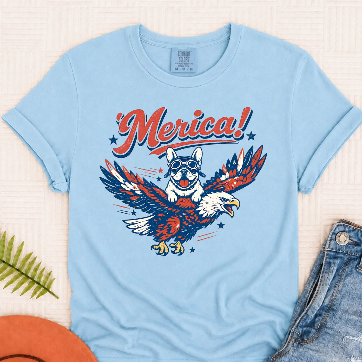 Custom Frenchie America Eagle Unisex TShirt Chambray