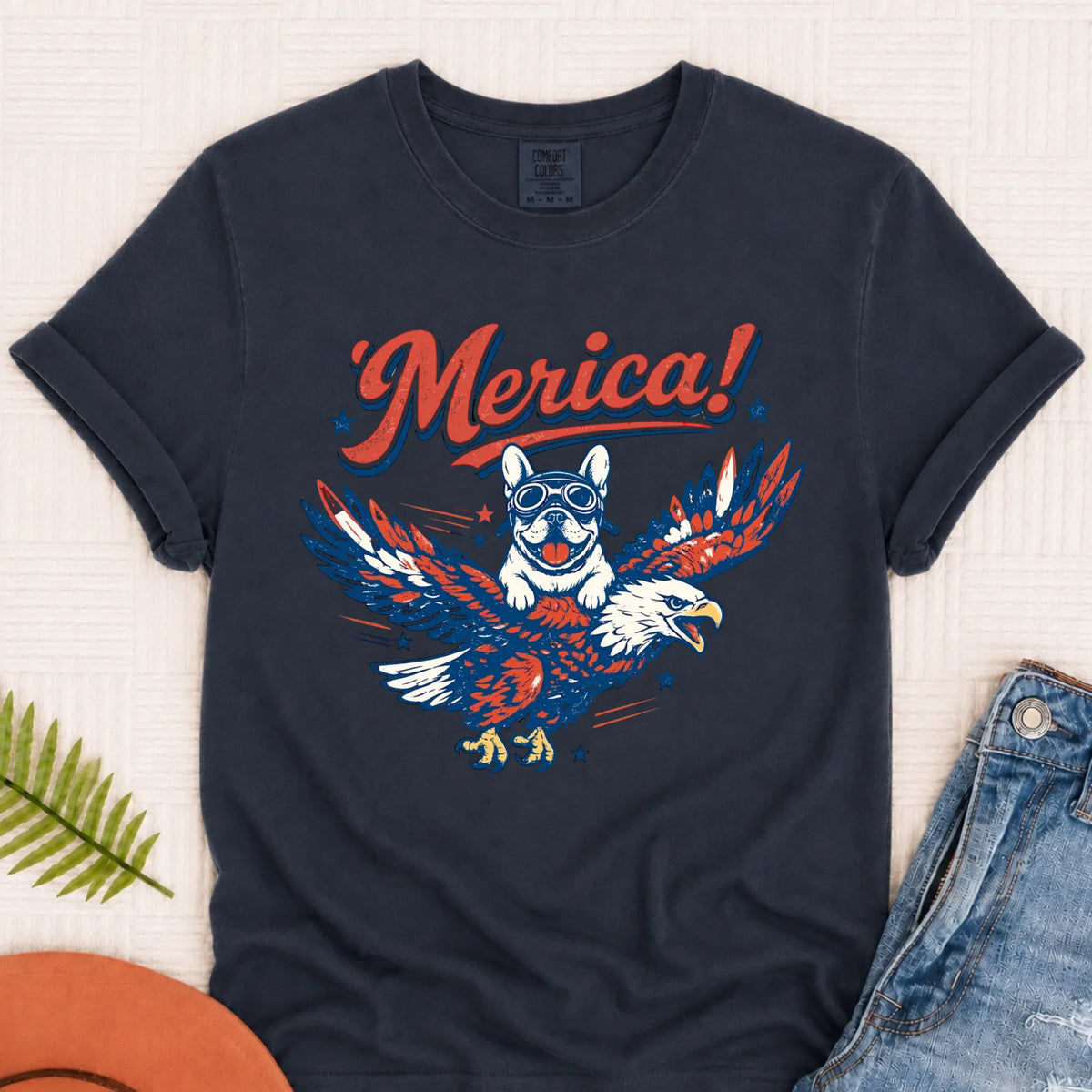 Custom Frenchie America Eagle Unisex TShirt Navy