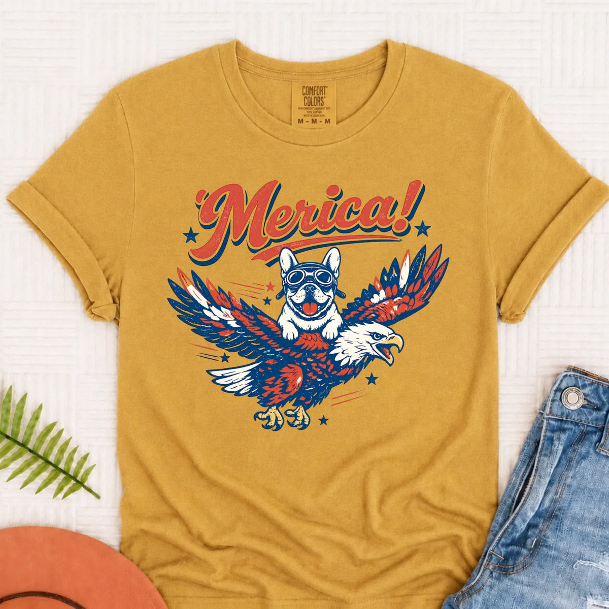 Custom Frenchie America Eagle Unisex TShirt Mustard