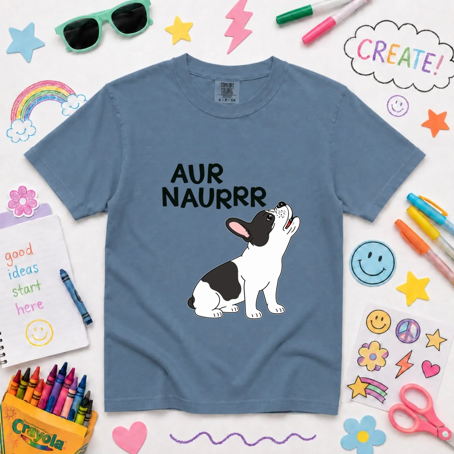 Custom Frenchie Aur Naur Funny YOUTH Unisex TShirt Blue Jean