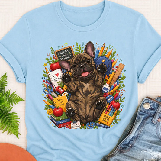 Custom Frenchie Back to School Teacher Unisex Tshirt Chambray