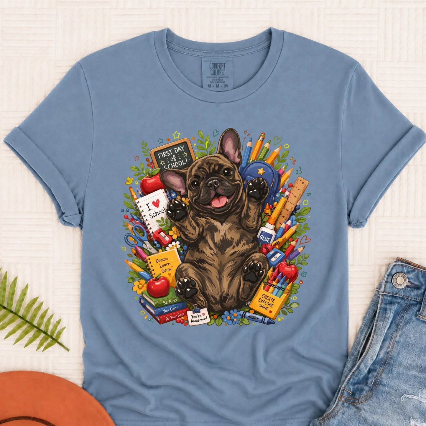 Custom Frenchie Back to School Teacher Unisex Tshirt Blue Jean