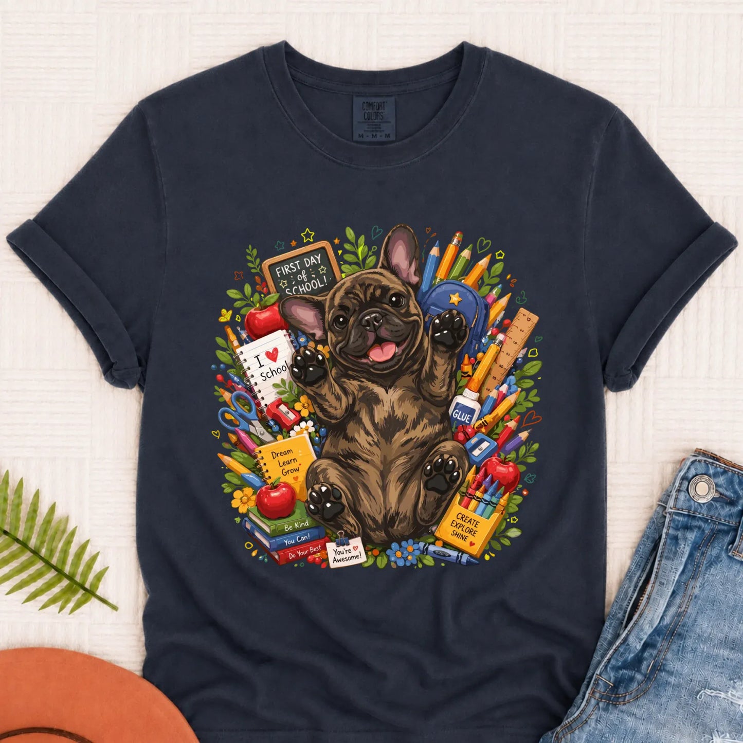 Custom Frenchie Back to School Teacher Unisex Tshirt Navy