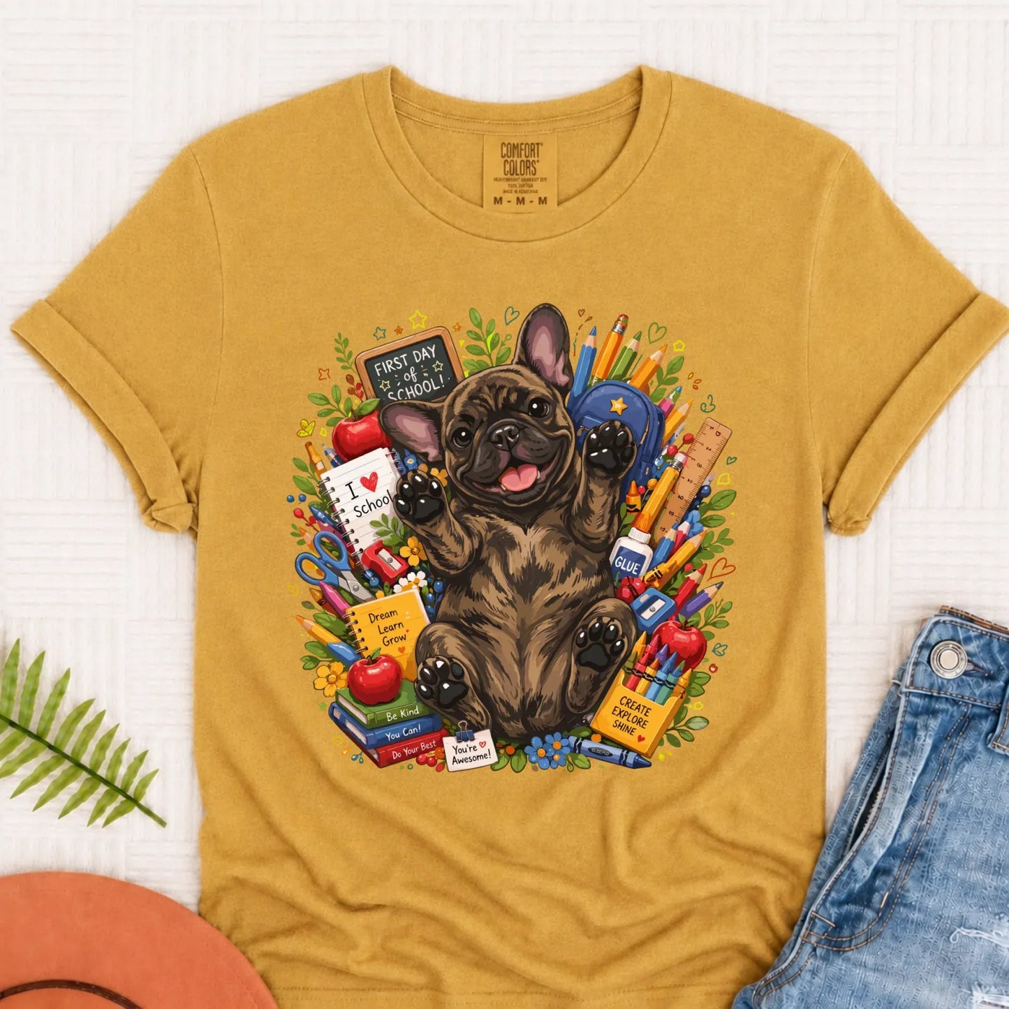 Custom Frenchie Back to School Teacher Unisex Tshirt Mustard