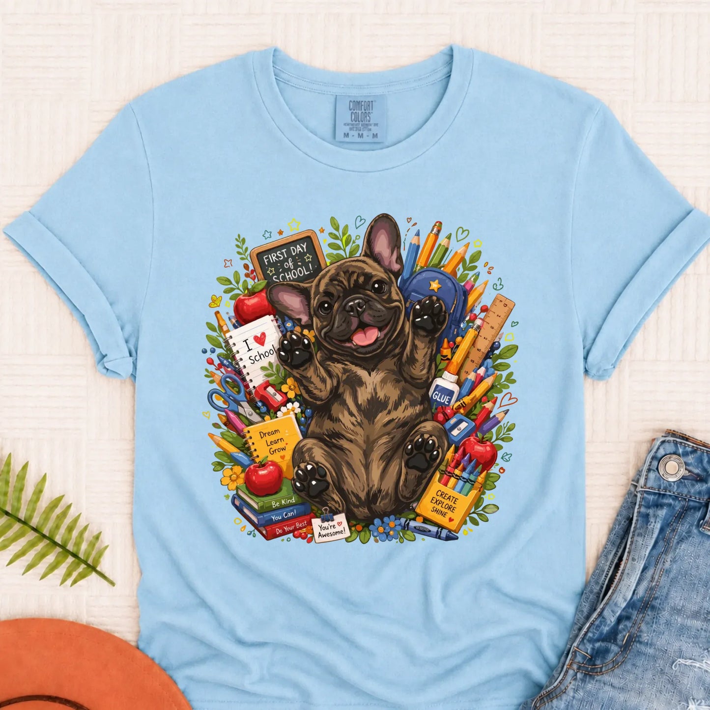 Custom Frenchie Back to School Teacher Unisex Tshirt Chambray
