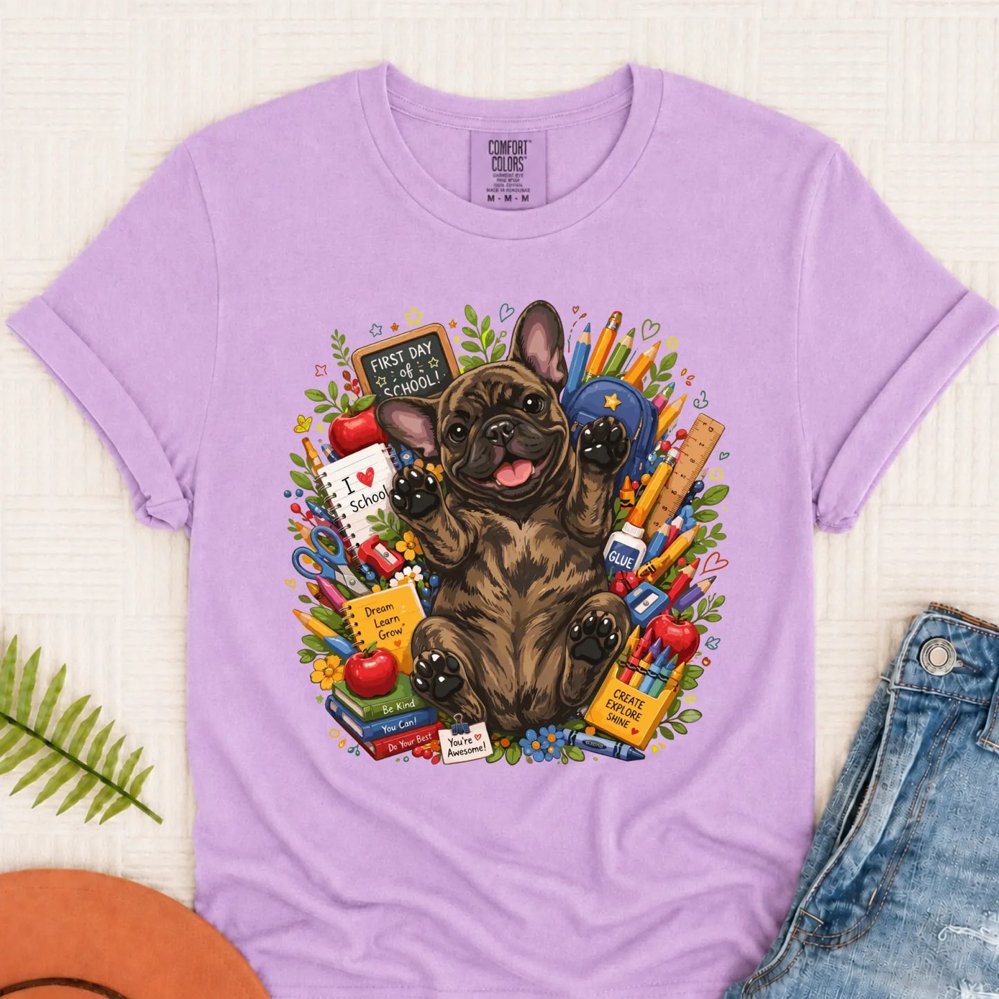 Custom Frenchie Back to School Teacher Unisex Tshirt Orchid