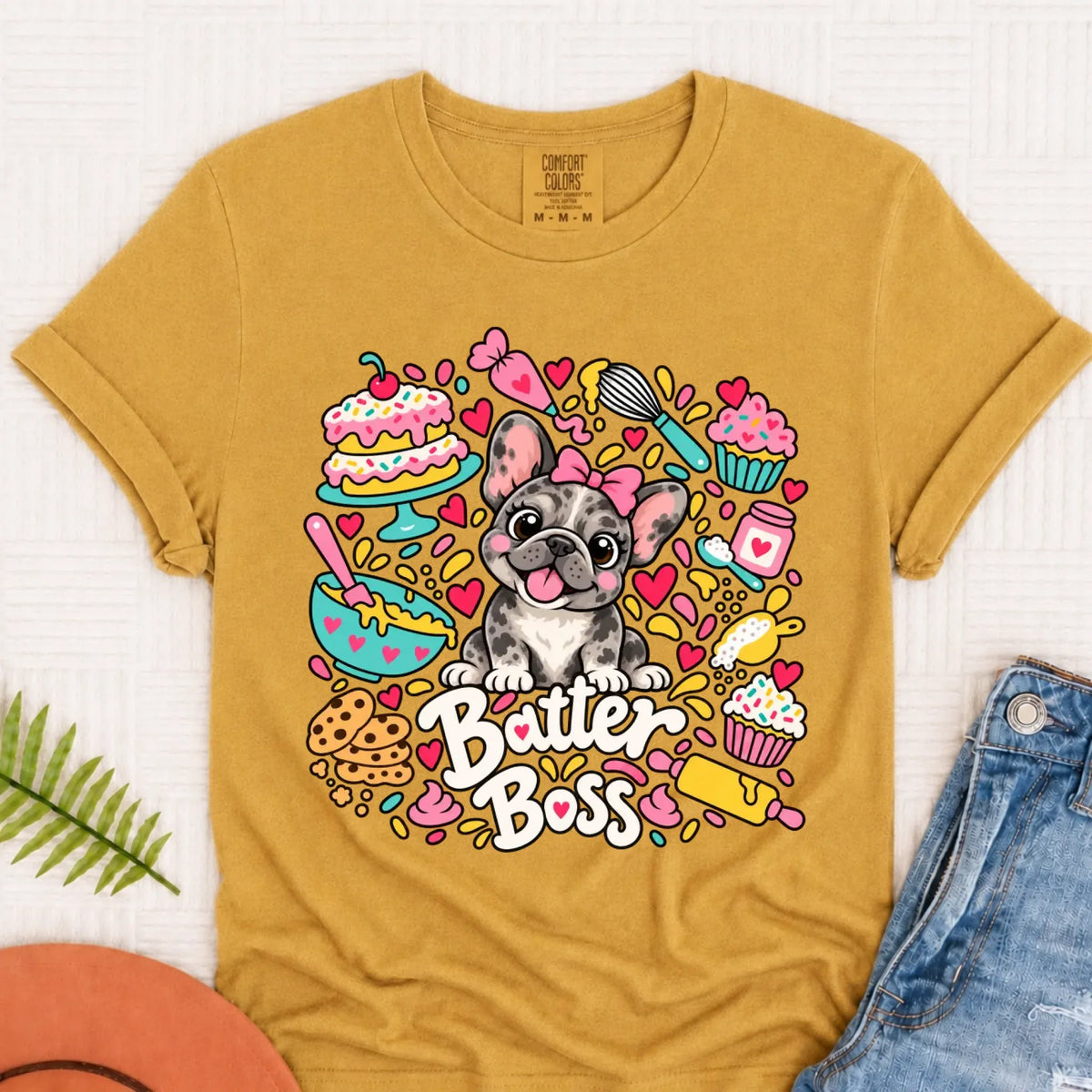 Custom Frenchie Baker Baking Unisex Tshirt Mustard