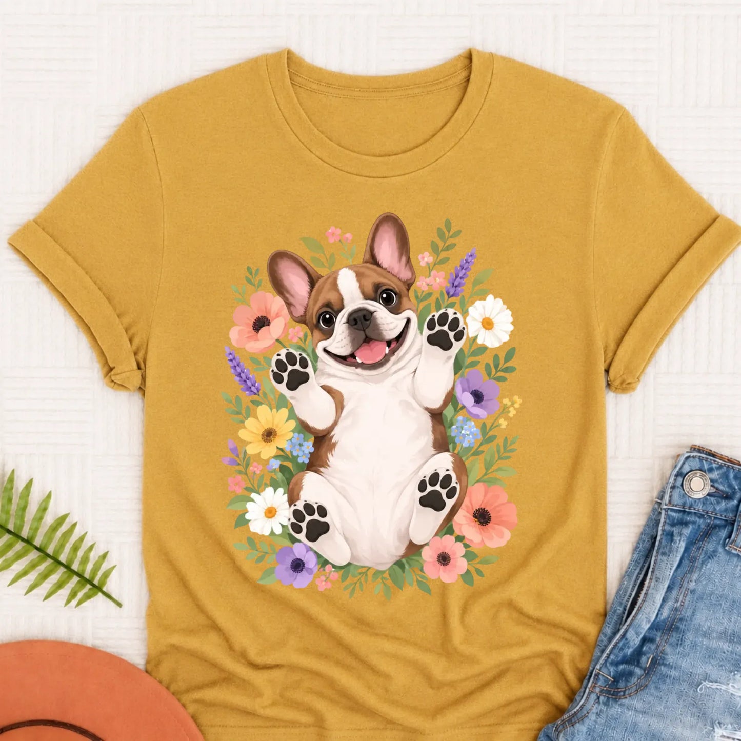 Custom Frenchie Belly Rubs Garden Unisext Tshirt Mustard