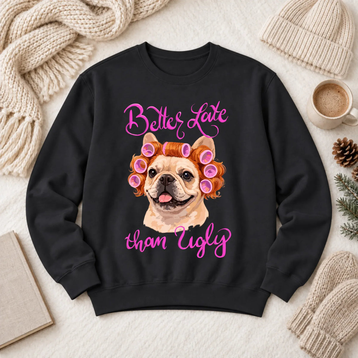 Sweatshirt Black / S Custom Frenchie Better Late Funny Unisex Sweatshirt