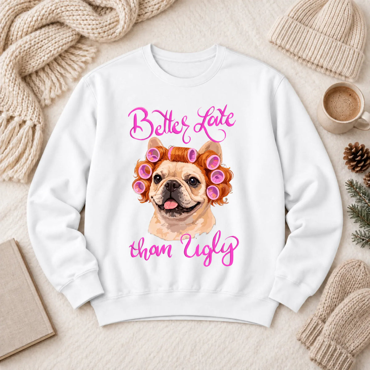 Sweatshirt White / S Custom Frenchie Better Late Funny Unisex Sweatshirt
