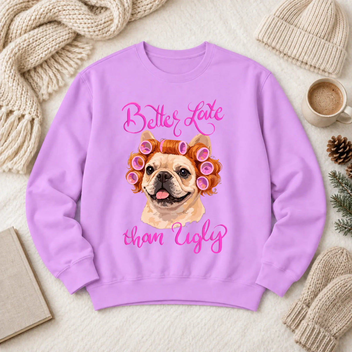 Sweatshirt Neon Violet / S Custom Frenchie Better Late Funny Unisex Sweatshirt