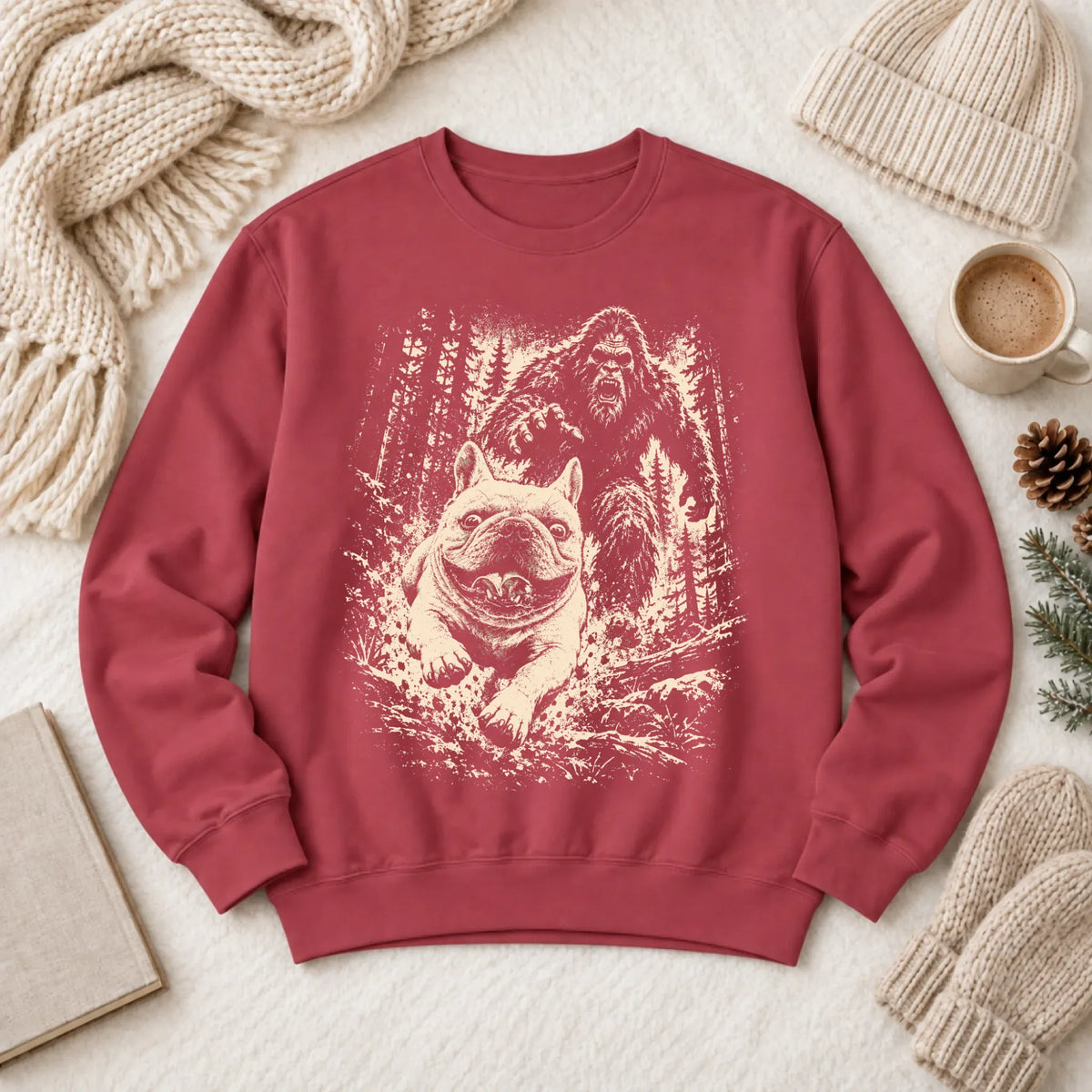 Sweatshirt Crimson / S Custom Frenchie Bigfoot Hiking Unisex Sweatshirt