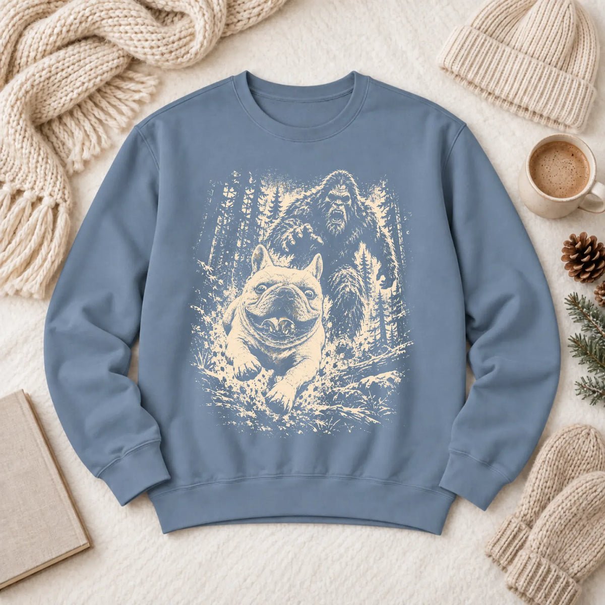 Sweatshirt Blue Jean / M Custom Frenchie Bigfoot Hiking Unisex Sweatshirt