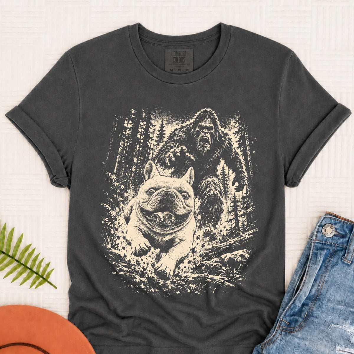 T-Shirt Pepper / S Custom Frenchie Bigfoot Hiking Unisex Tshirt