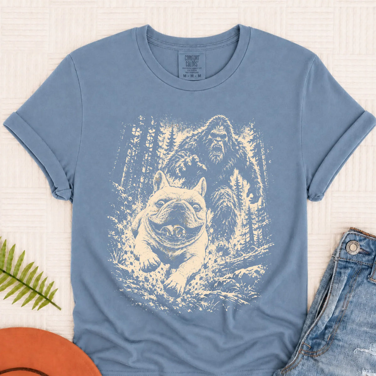 T-Shirt Blue Jean / S Custom Frenchie Bigfoot Hiking Unisex Tshirt