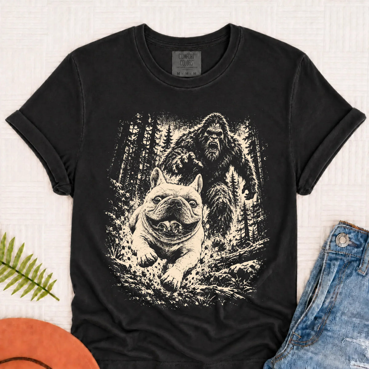 T-Shirt Graphite / S Custom Frenchie Bigfoot Hiking Unisex Tshirt