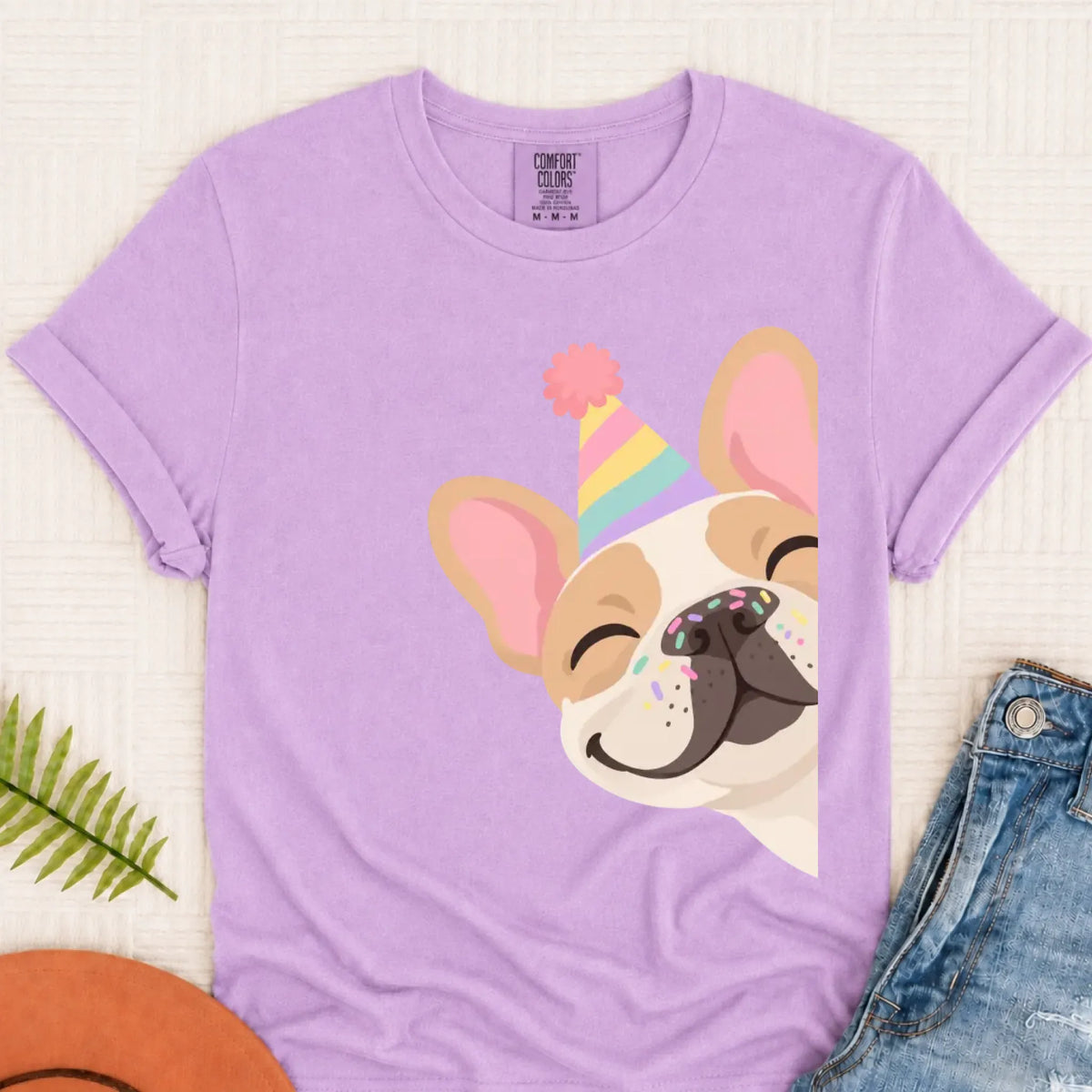 Custom Frenchie Birthday Party Unisex TShirt Orchid