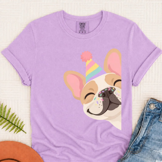 Custom Frenchie Birthday Party Unisex TShirt Orchid