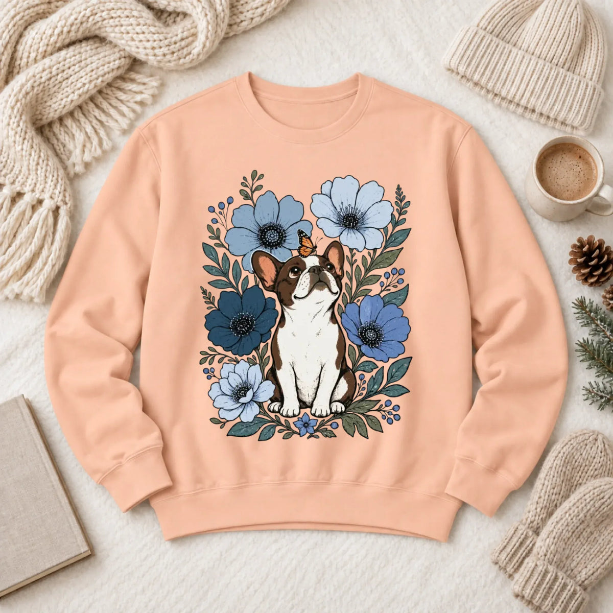 Sweatshirt Peachy / S Custom Frenchie Blue Flowers Unisex Sweatshirt
