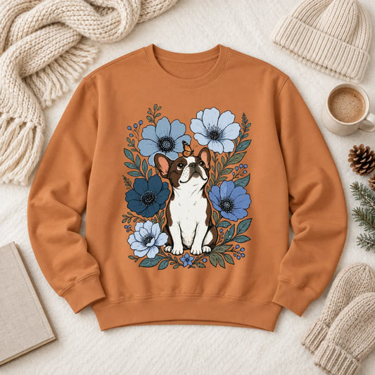 Custom Frenchie Blue Flowers Unisex Sweatshirt Yam
