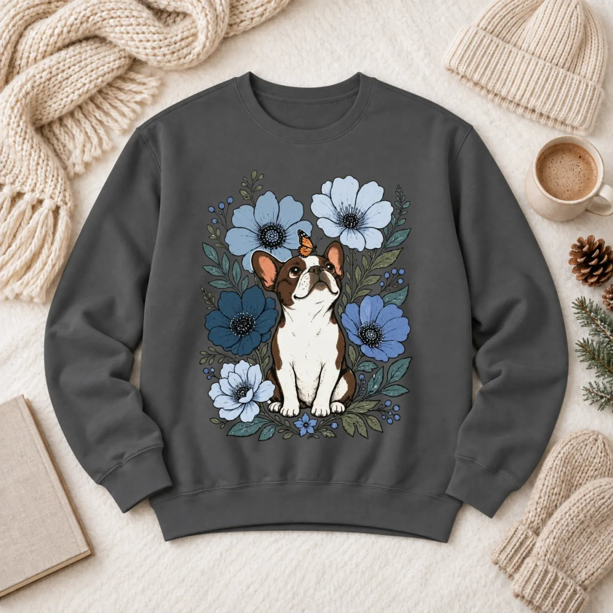 Sweatshirt Pepper / S Custom Frenchie Blue Flowers Unisex Sweatshirt