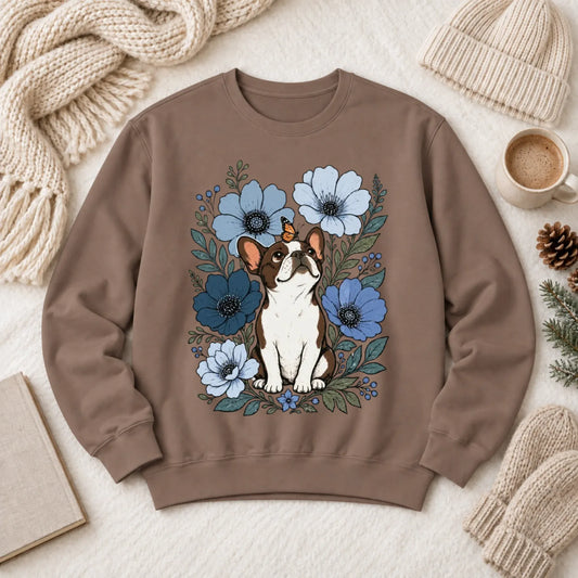 Custom Frenchie Blue Flowers Unisex Sweatshirt Espresso