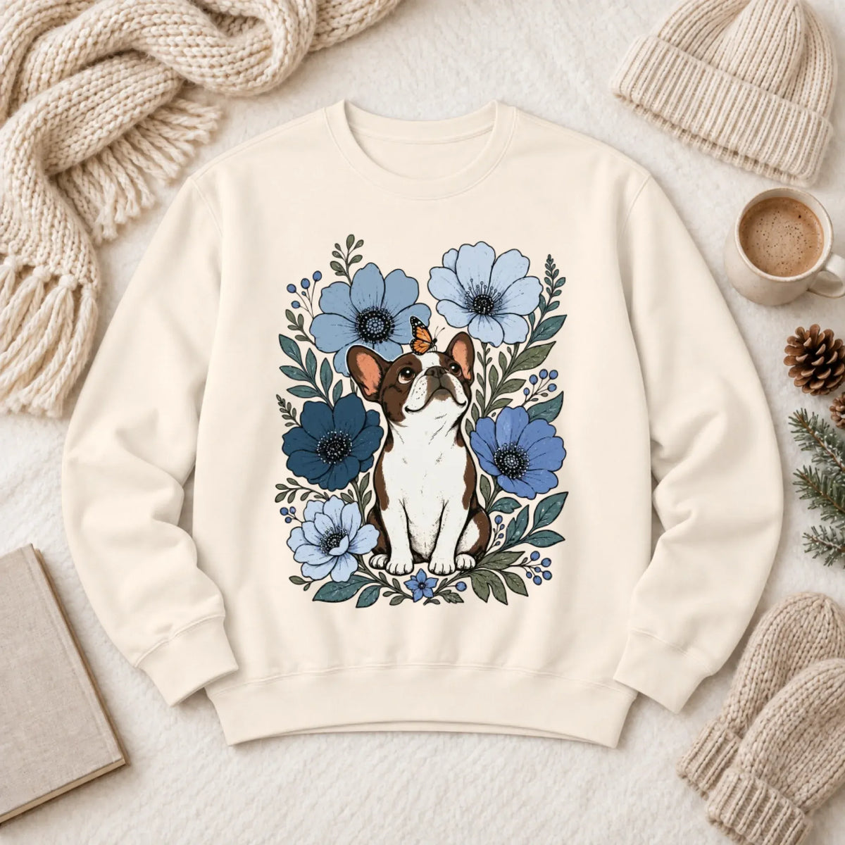 Sweatshirt Ivory / S Custom Frenchie Blue Flowers Unisex Sweatshirt
