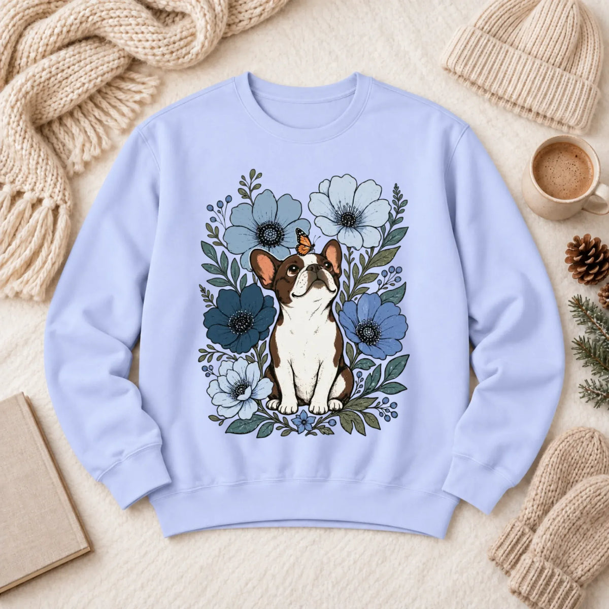 Sweatshirt Hydrangea / S Custom Frenchie Blue Flowers Unisex Sweatshirt
