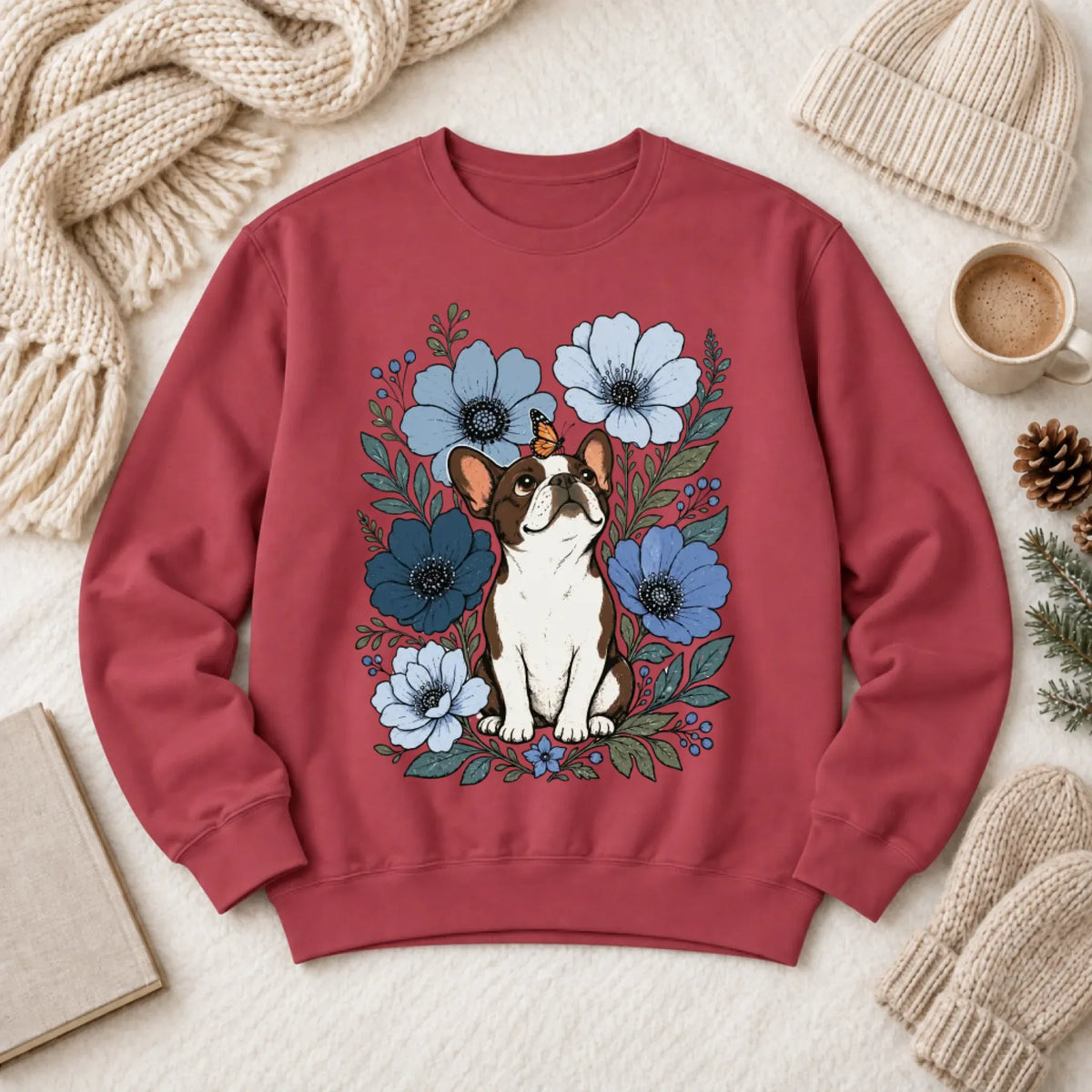 Sweatshirt Crimson / S Custom Frenchie Blue Flowers Unisex Sweatshirt