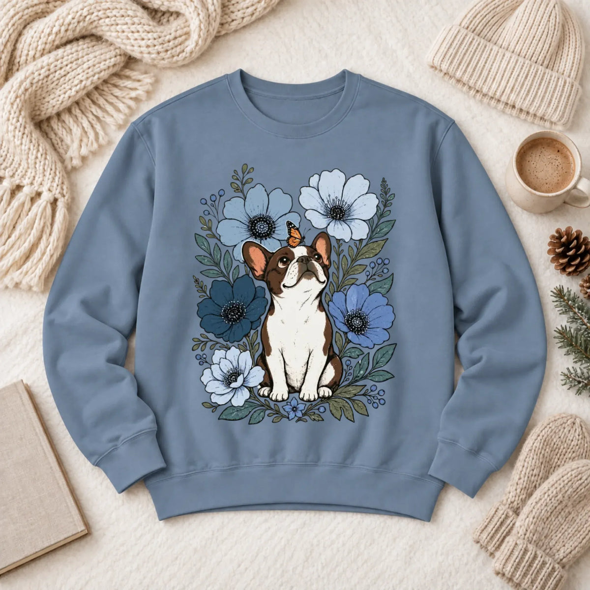 Sweatshirt Blue Jean / M Custom Frenchie Blue Flowers Unisex Sweatshirt