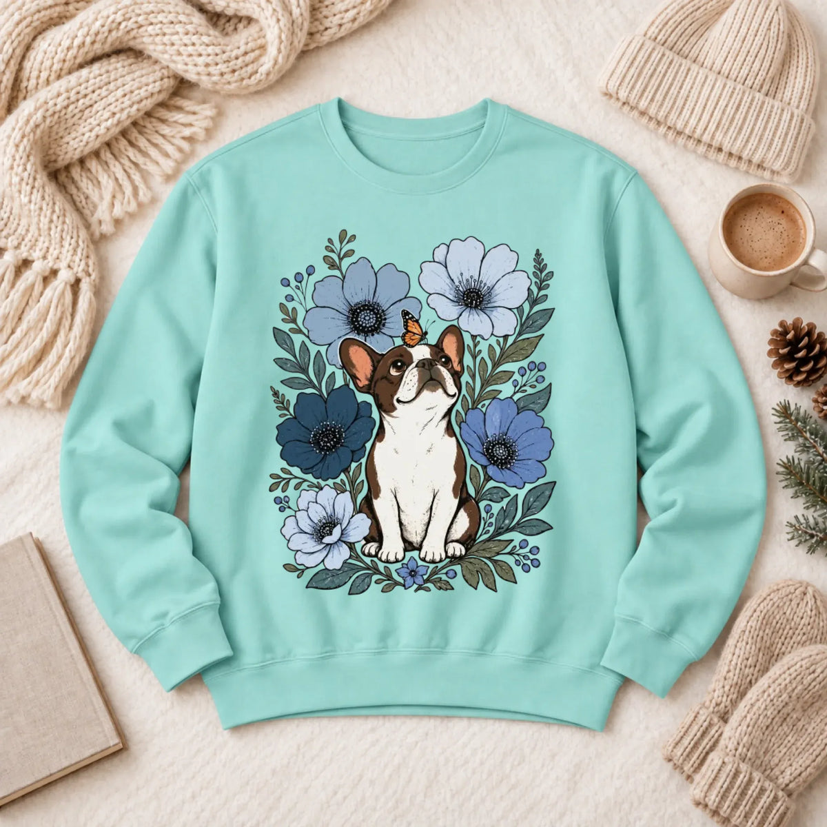 Sweatshirt Chalky Mint / S Custom Frenchie Blue Flowers Unisex Sweatshirt