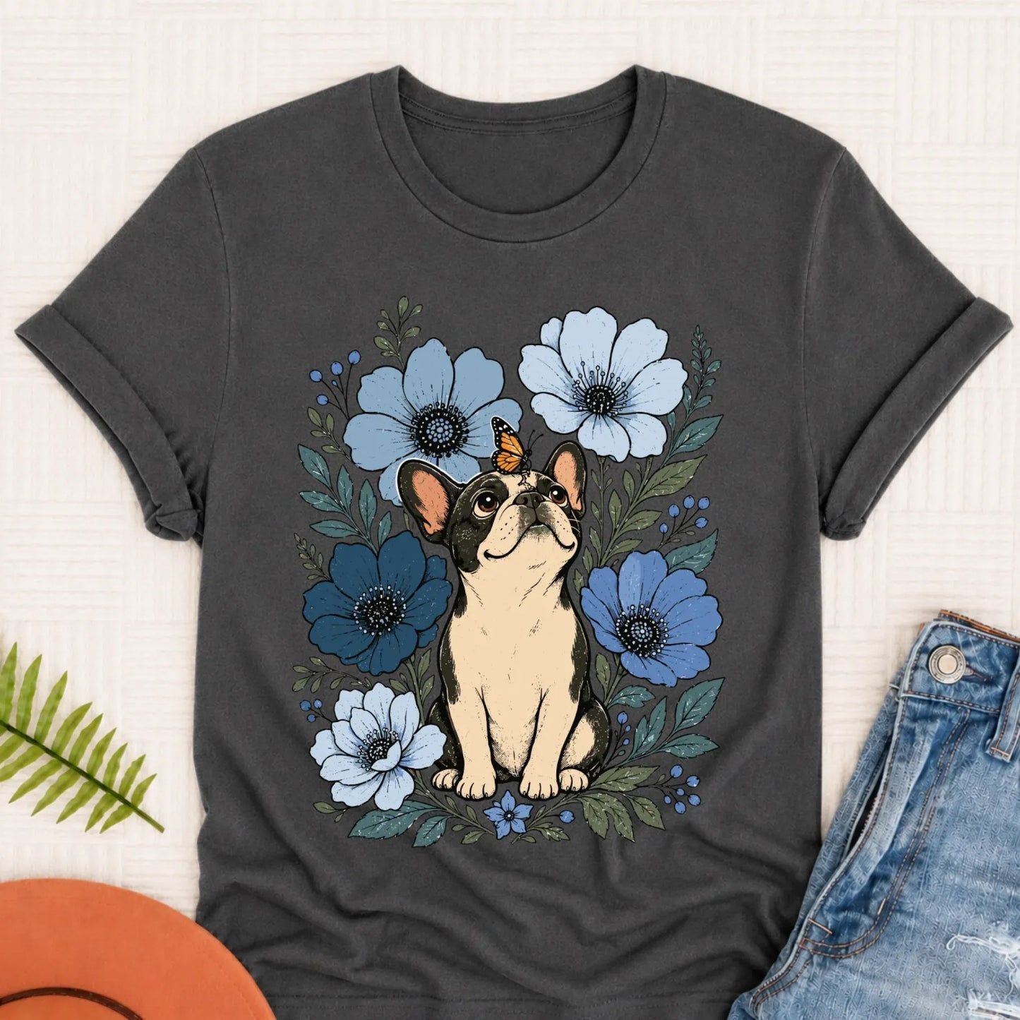 Custom Frenchie Blue Flowers Unisex Tshirt Pepper