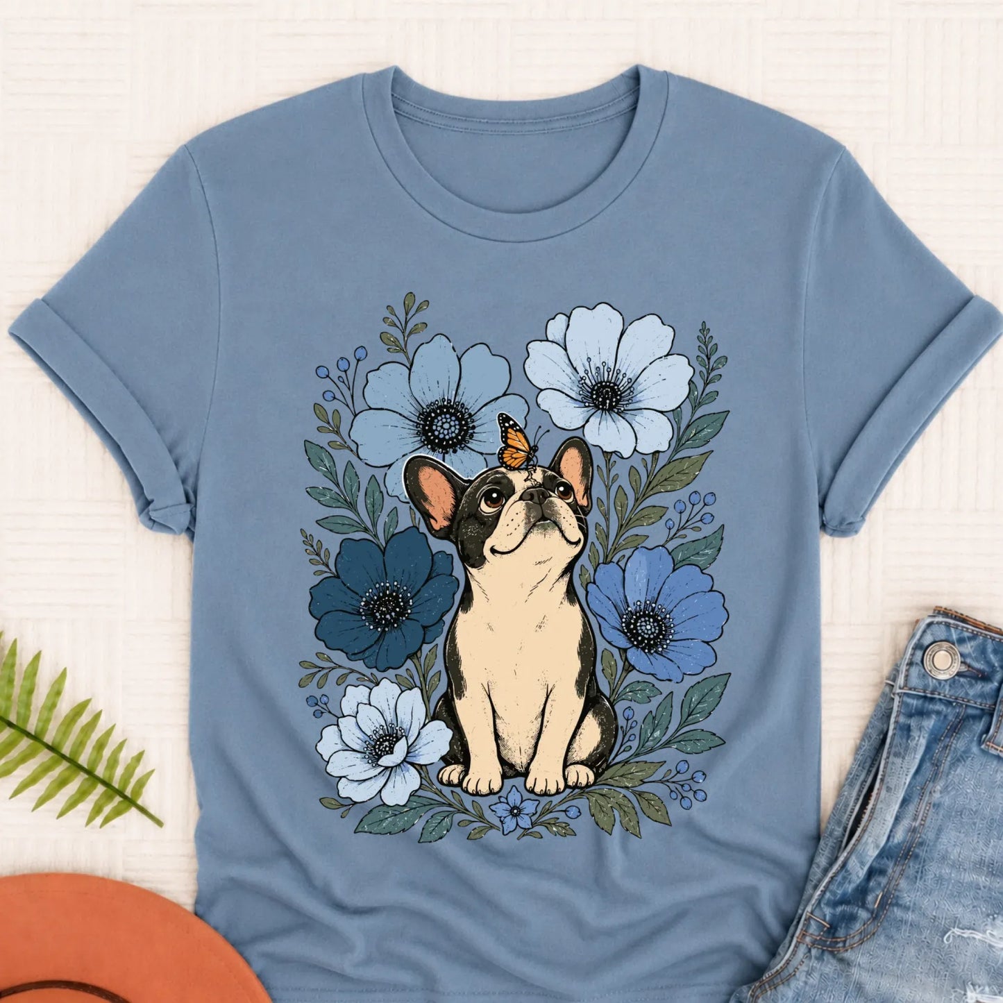 Custom Frenchie Blue Flowers Unisex Tshirt Ice Blue