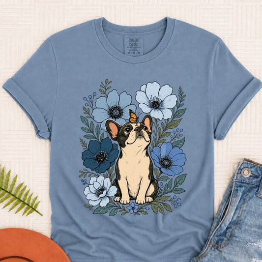 Custom Frenchie Blue Flowers Unisex Tshirt Blue Jean