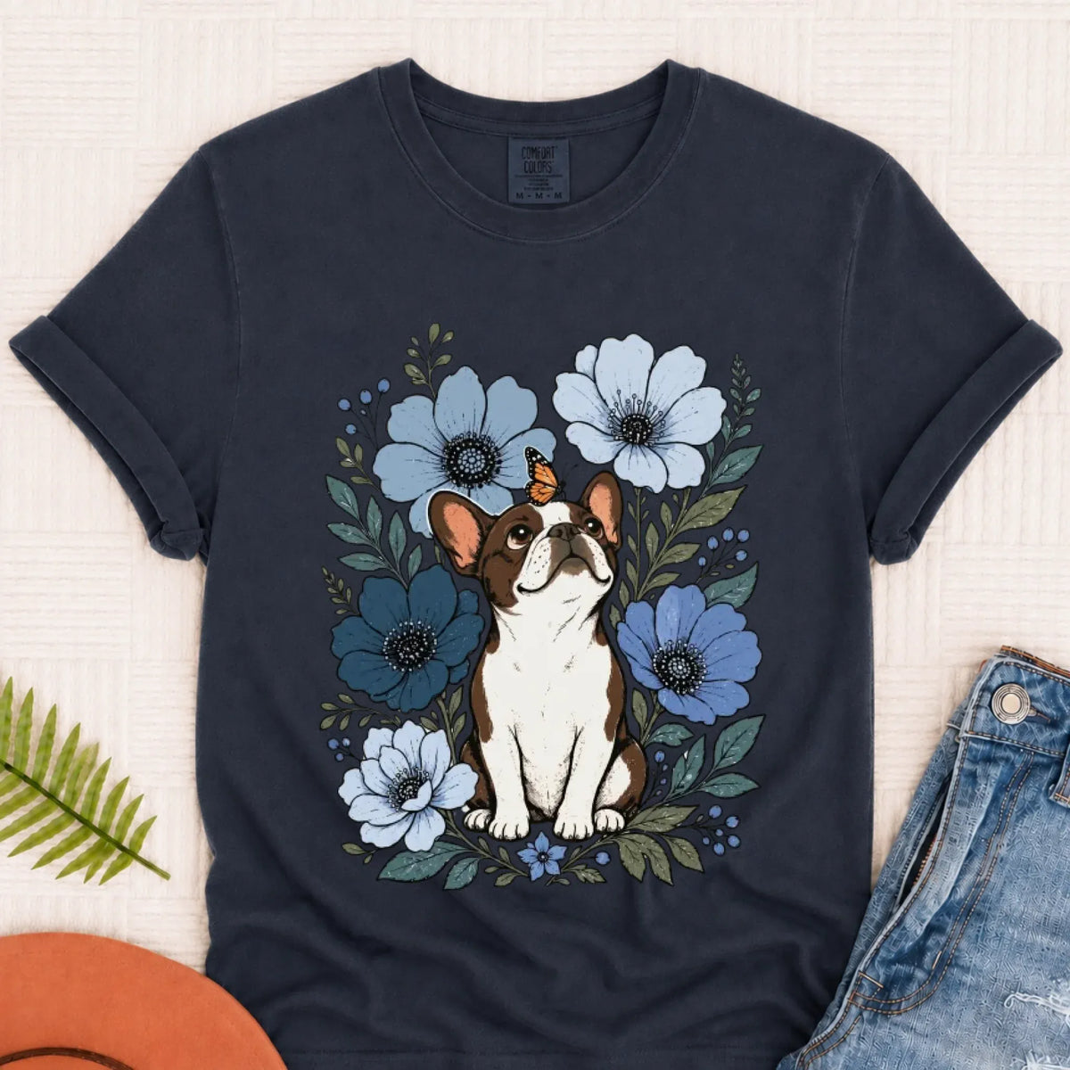 Customizer Navy / S Custom Frenchie Blue Flowers Unisex Tshirt