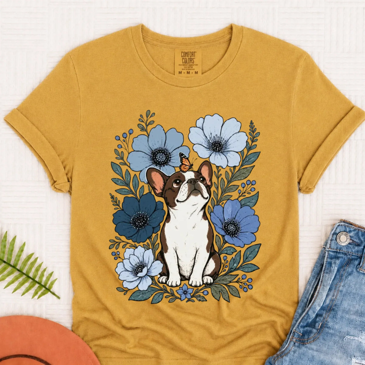 Customizer Mustard / S Custom Frenchie Blue Flowers Unisex Tshirt