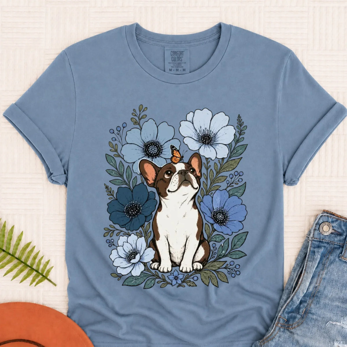 Customizer Blue Jean / S Custom Frenchie Blue Flowers Unisex Tshirt