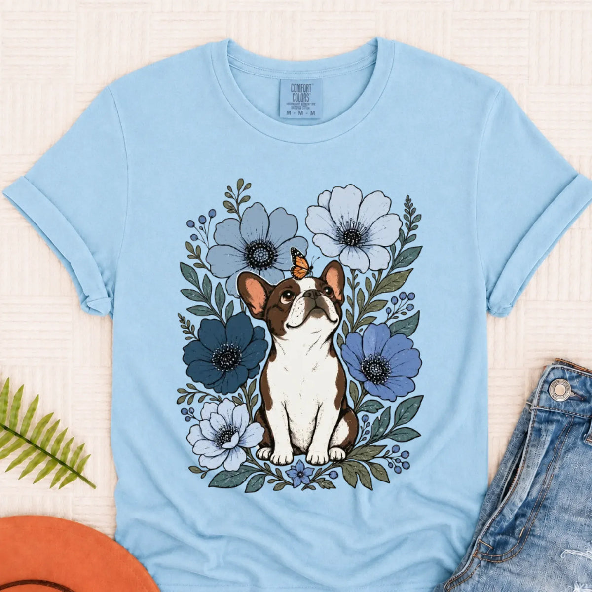 Customizer Chambray / S Custom Frenchie Blue Flowers Unisex Tshirt