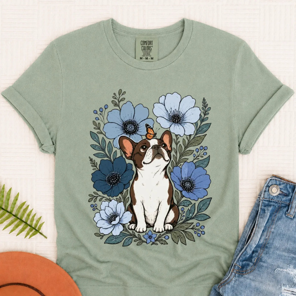 Customizer Bay / S Custom Frenchie Blue Flowers Unisex Tshirt