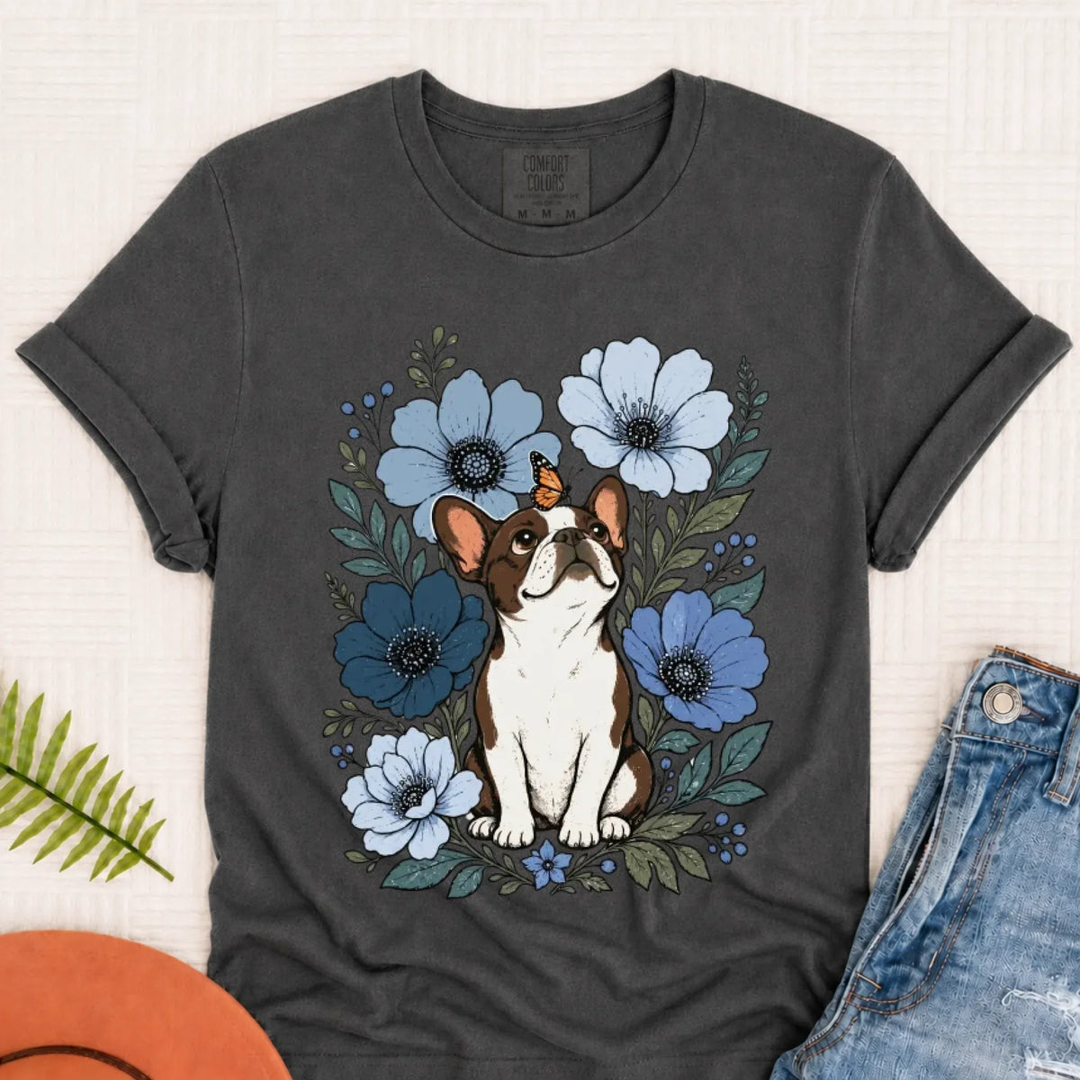 Customizer Pepper / S Custom Frenchie Blue Flowers Unisex Tshirt