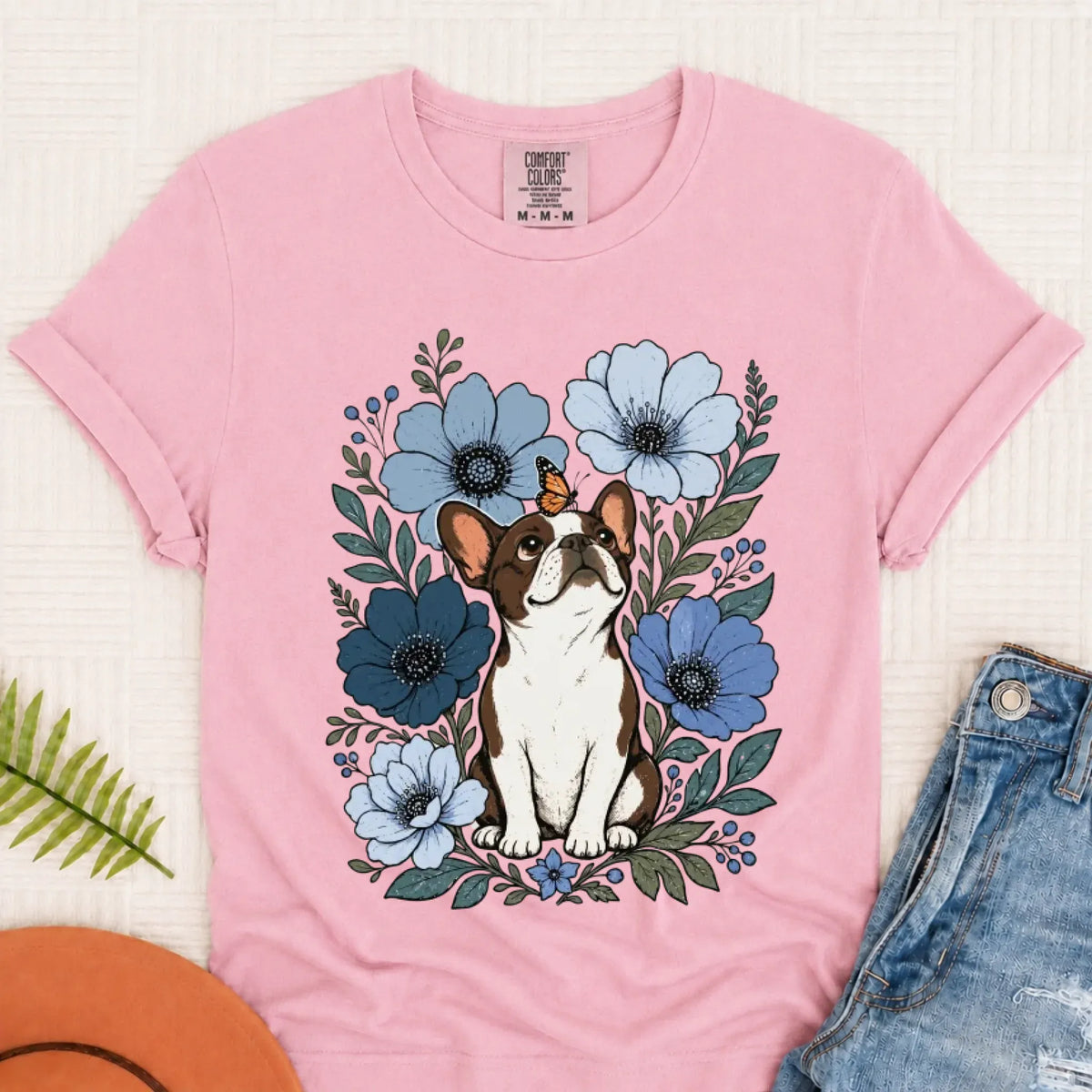 Customizer Blossom / S Custom Frenchie Blue Flowers Unisex Tshirt