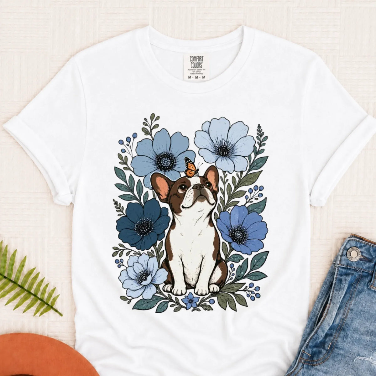 Customizer White / S Custom Frenchie Blue Flowers Unisex Tshirt