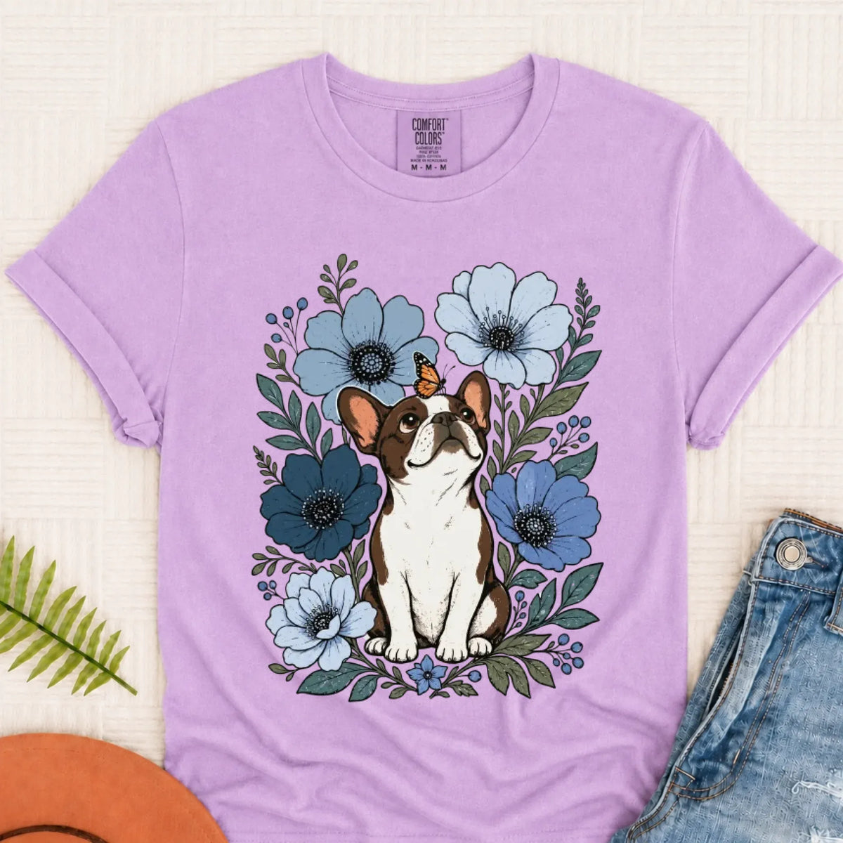 Customizer White / 3XL Custom Frenchie Blue Flowers Unisex Tshirt