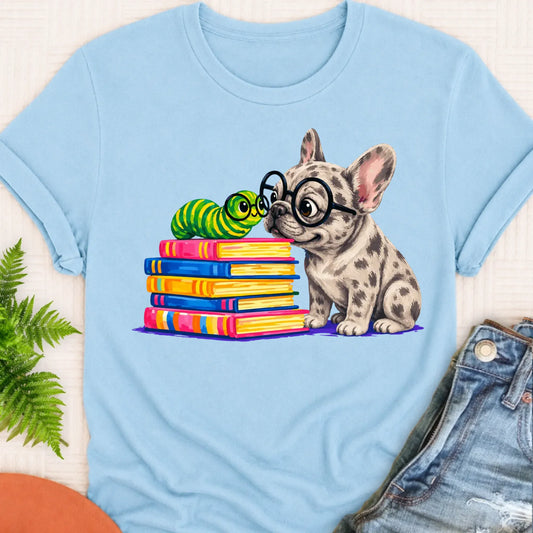 Custom Frenchie Bookworm Teacher Unisex Tshirt Chambray