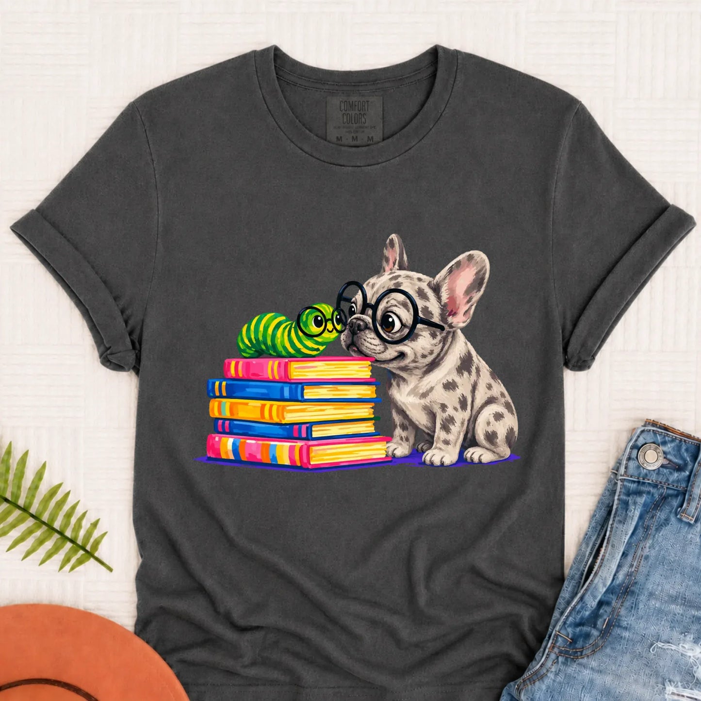 Custom Frenchie Bookworm Teacher Unisex Tshirt Pepper