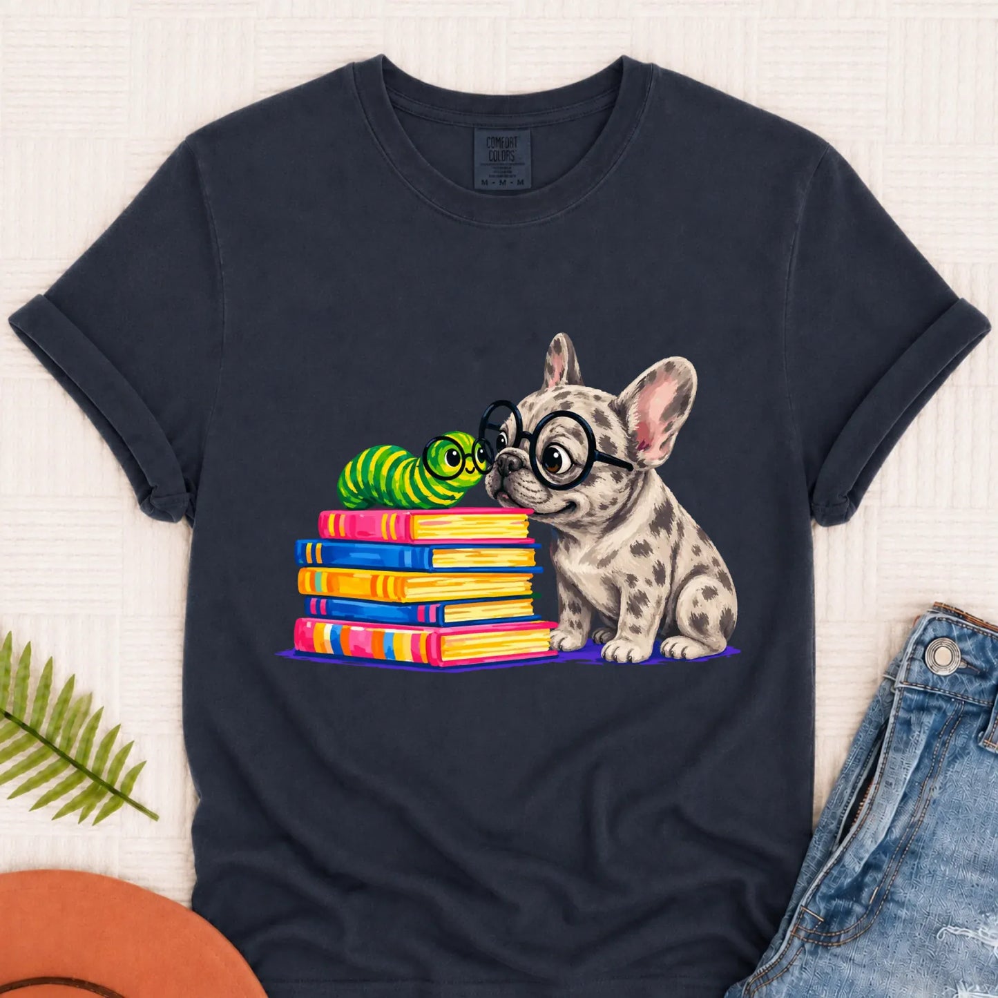 Custom Frenchie Bookworm Teacher Unisex Tshirt Navy