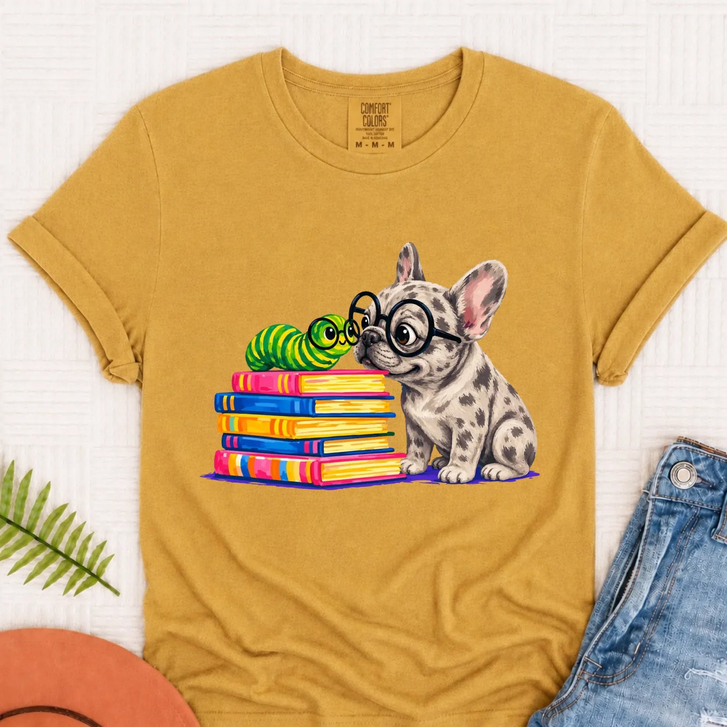 Custom Frenchie Bookworm Teacher Unisex Tshirt Mustard